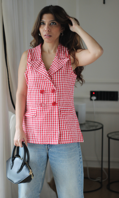 Red Gingham Double-Breasted Waistcoat