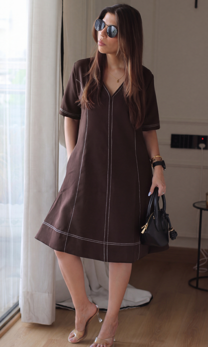 Dark Brown Contrast Stitch Dress