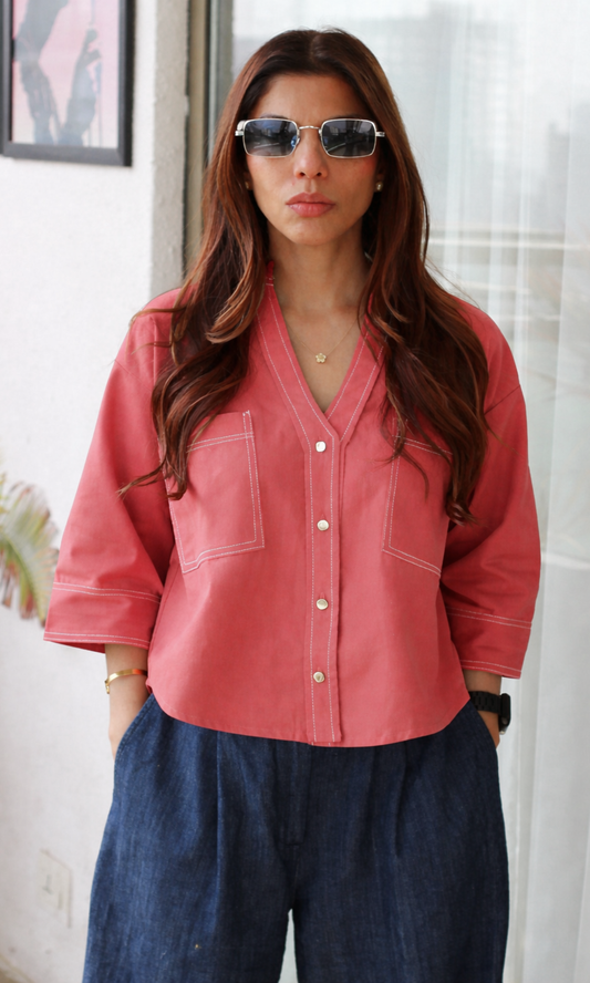Salmon Metallic Buttoned Shirt