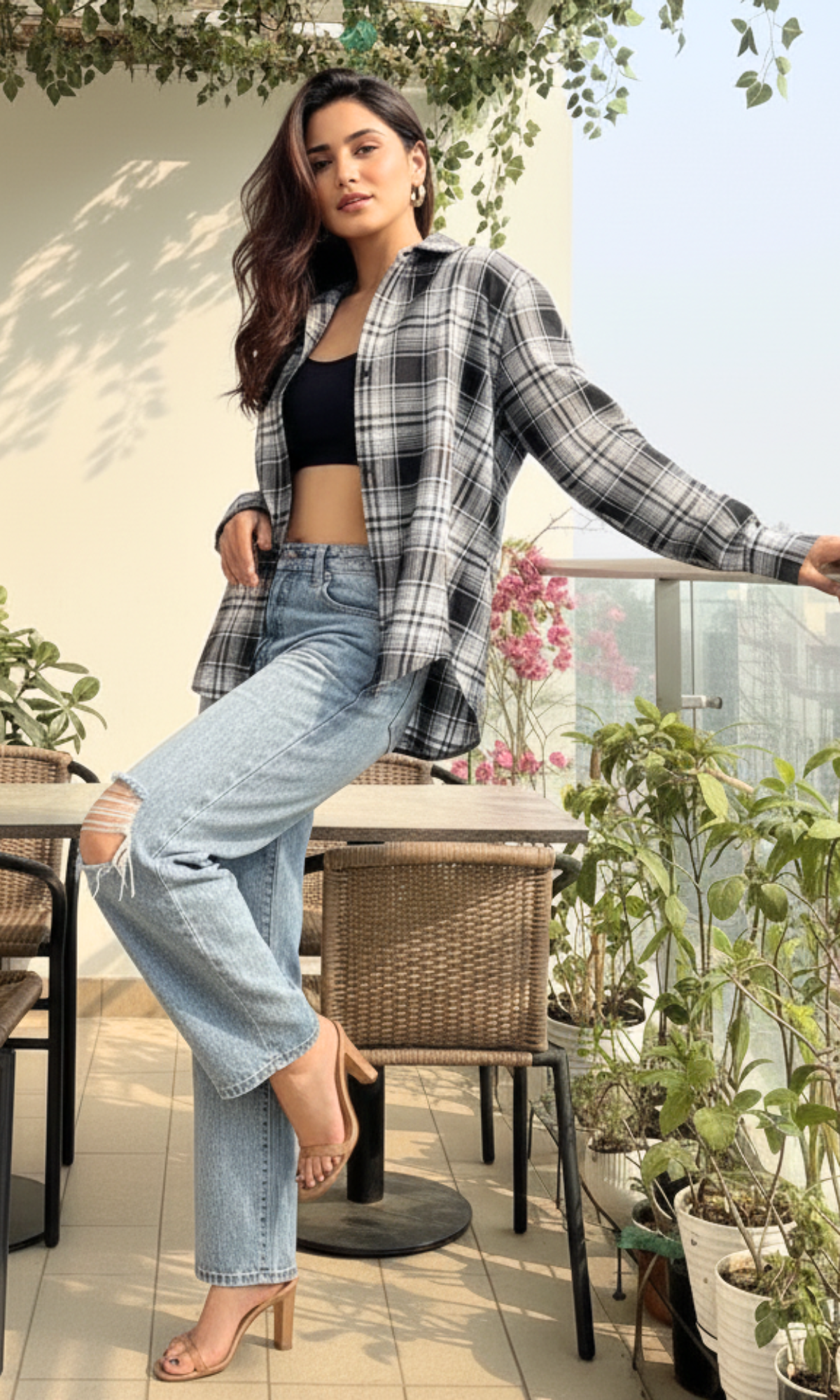 Black linen kimono top with cut-out detail for women