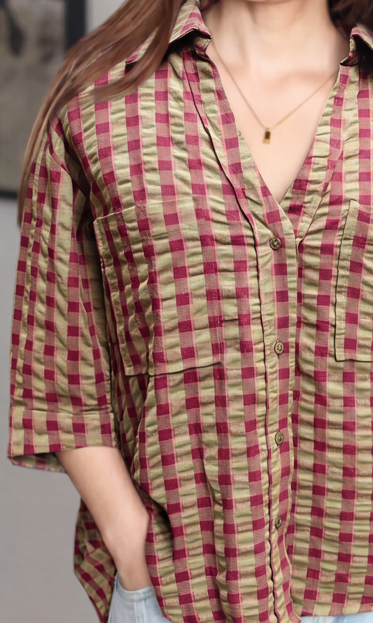 Berry & Khaki Seersucker Check Shirt