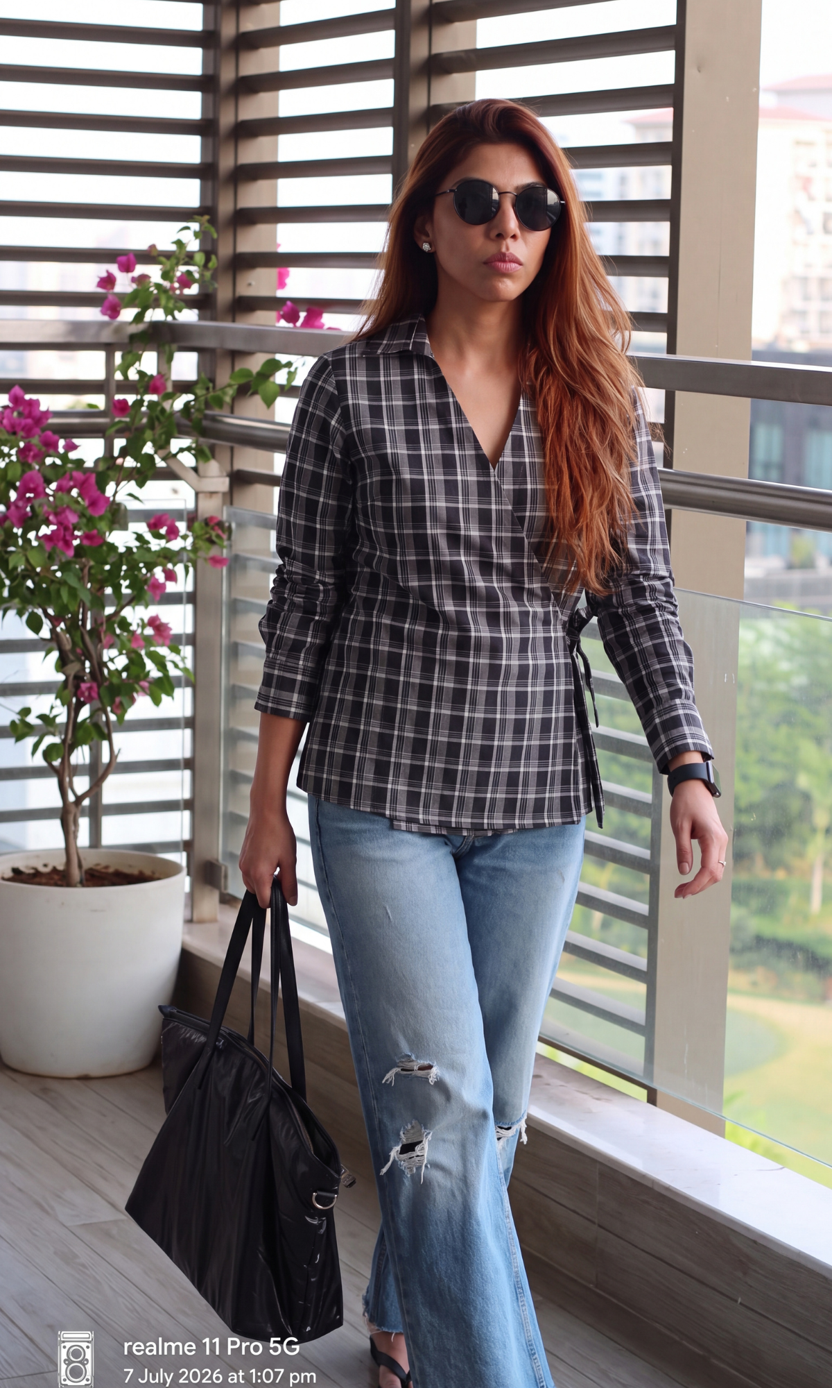 Black Check Kimono Top