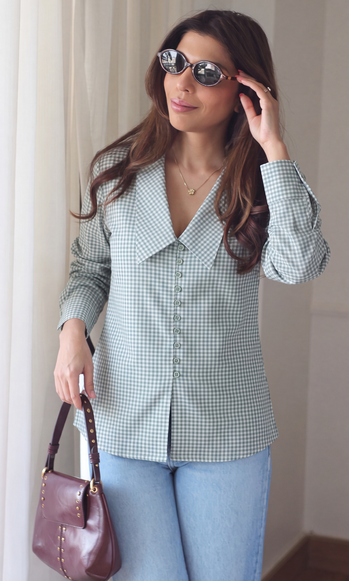 Sage Gingham Oversized Collar Sh