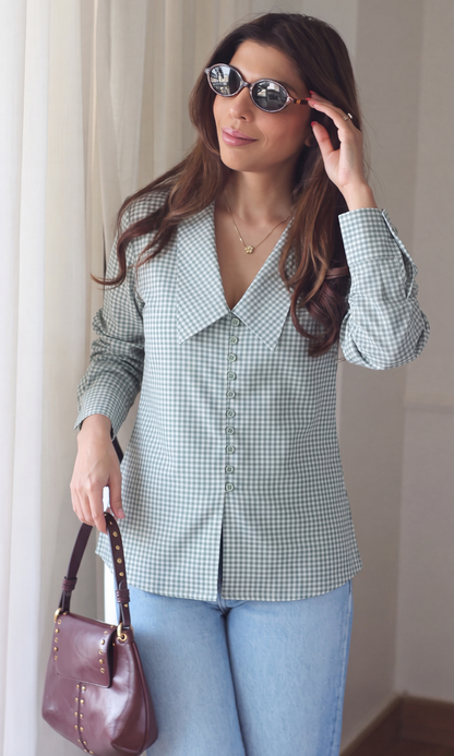 Sage Gingham Oversized Collar Sh