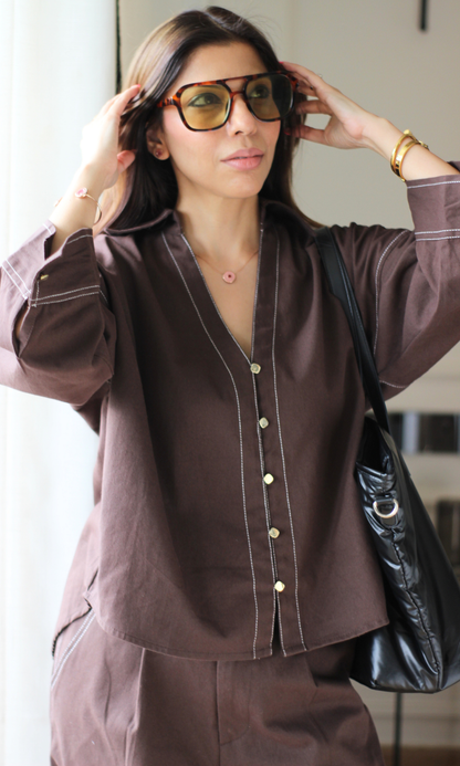 Dark Brown Button-Down Denim Co-ord