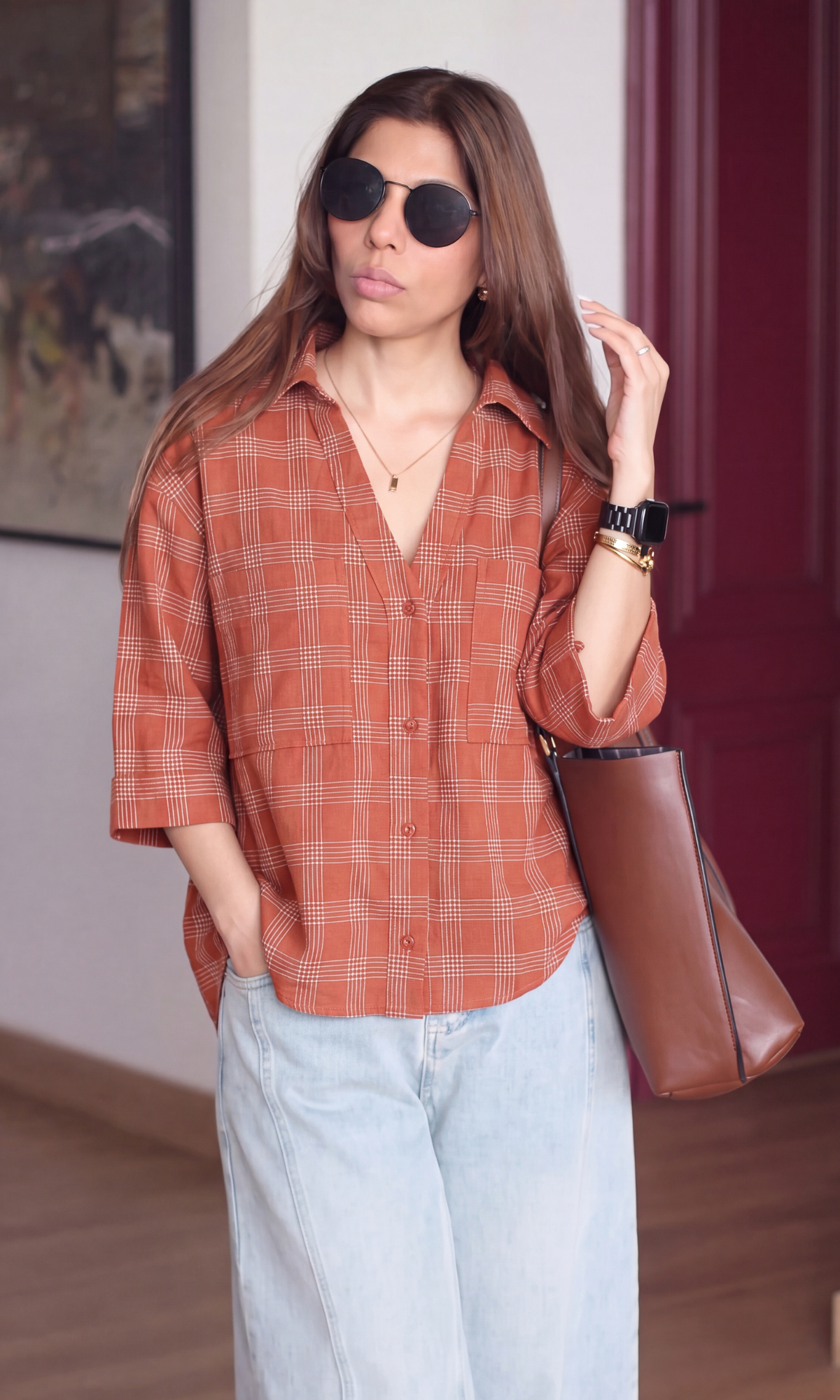 Rust Weave Terracotta Plaid Loose Shirt