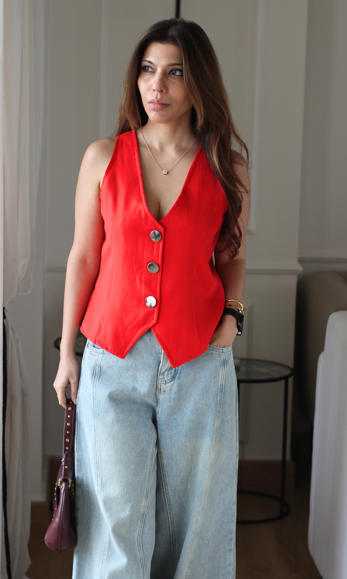 Red Pointed-Hem Waistcoat