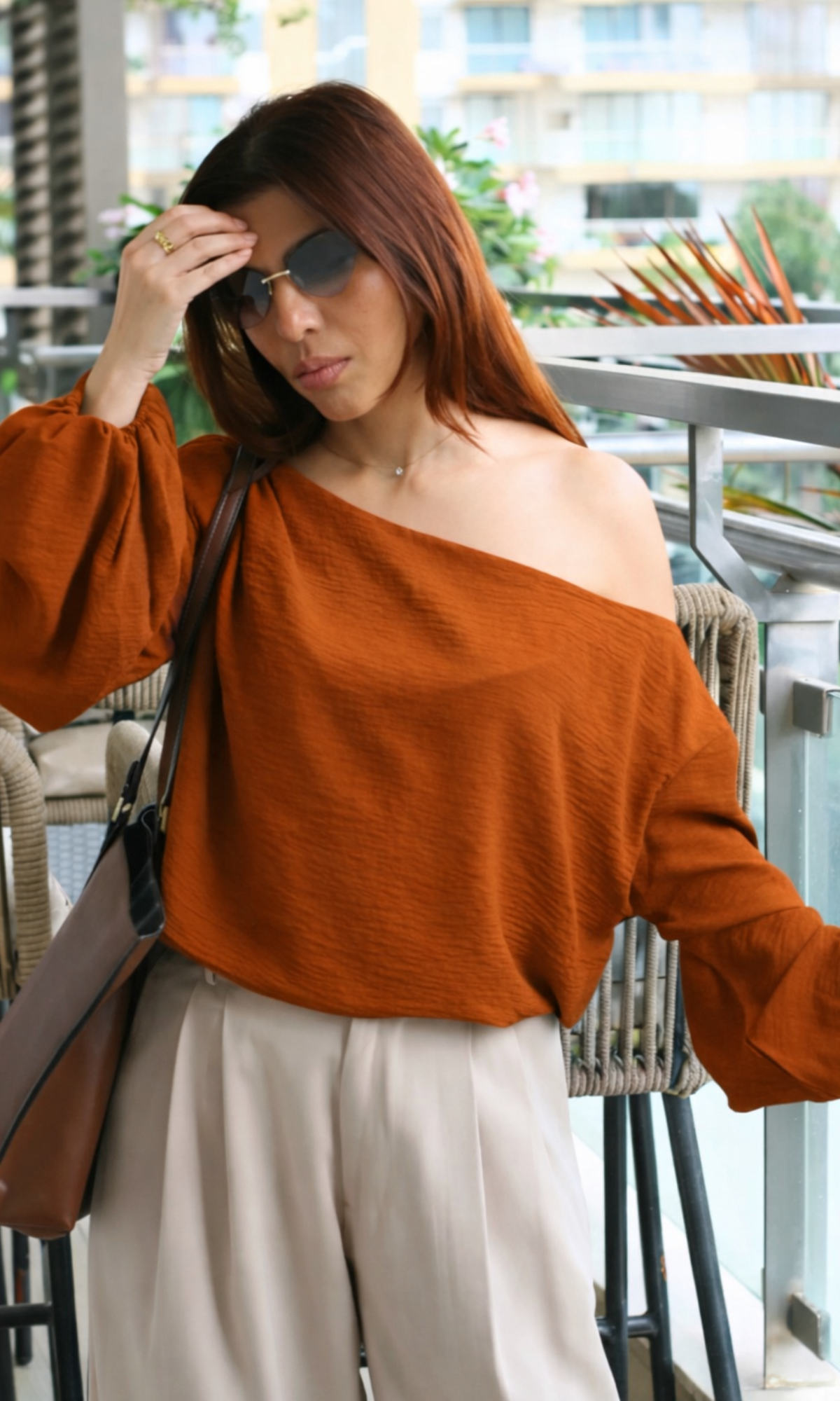 Tangerine Balloon Sleeved One Shoulder Top