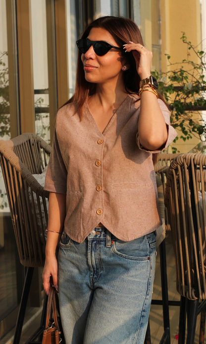 Women's brown dobby waist coat with sleeves and button-down front