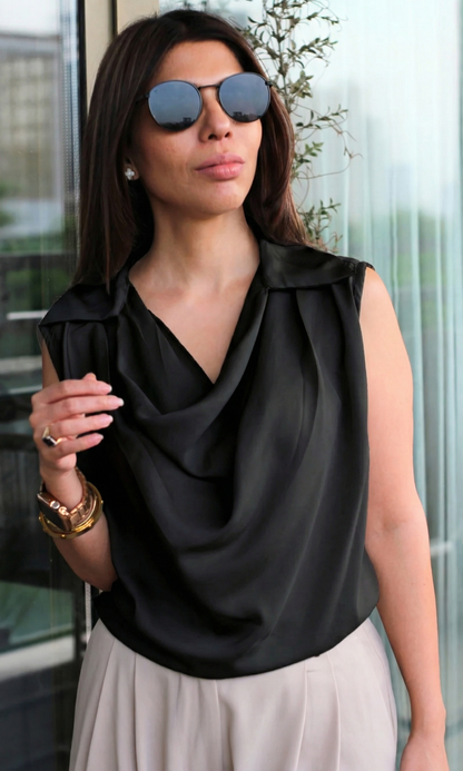 Black Collared Cowl Neck Top