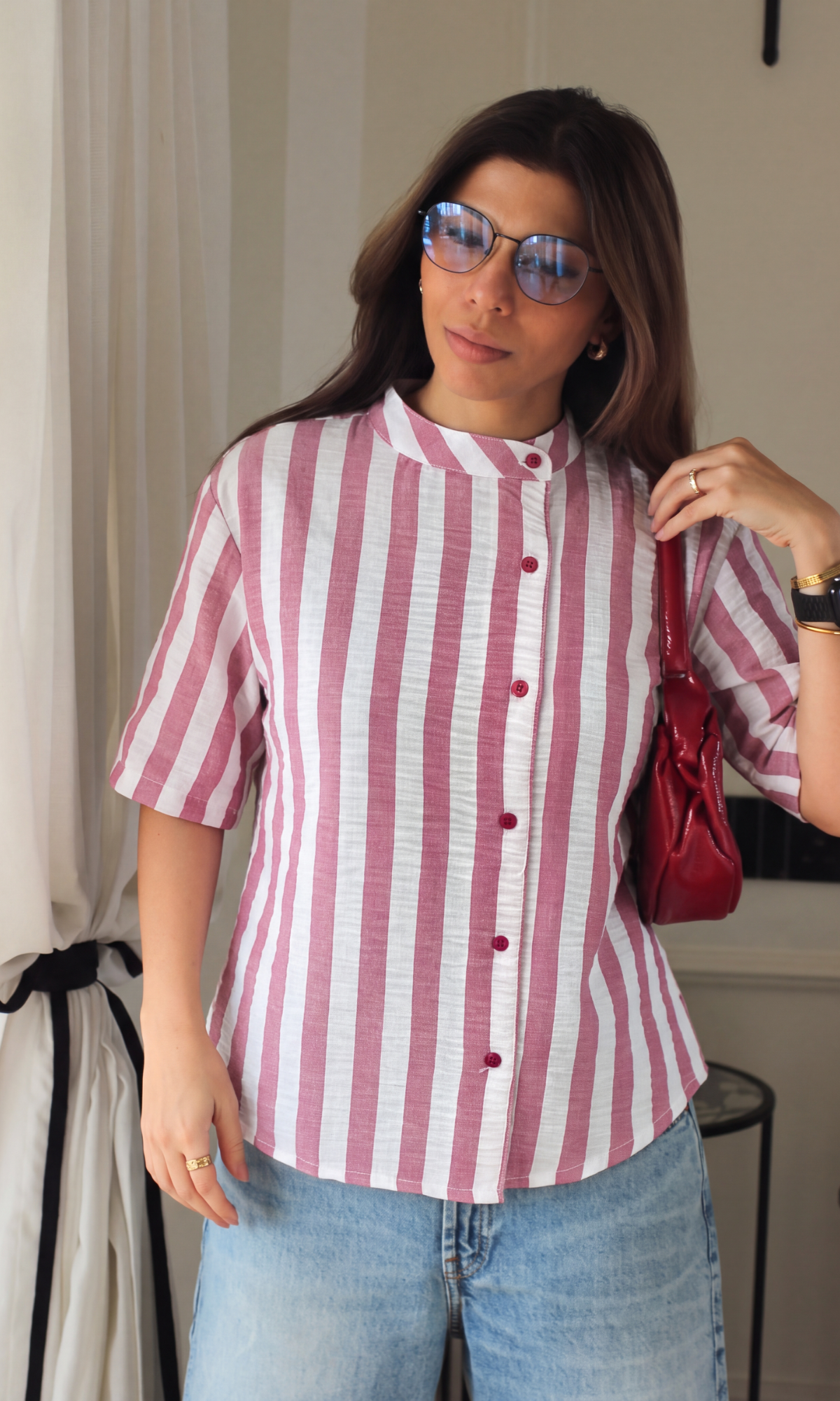 Plum Striped Mandarin Collar Shirt