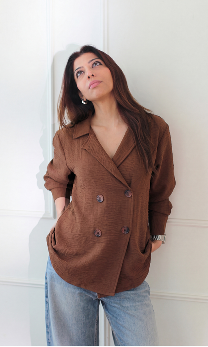 Mocha Crinkle Double-Breasted Jacket