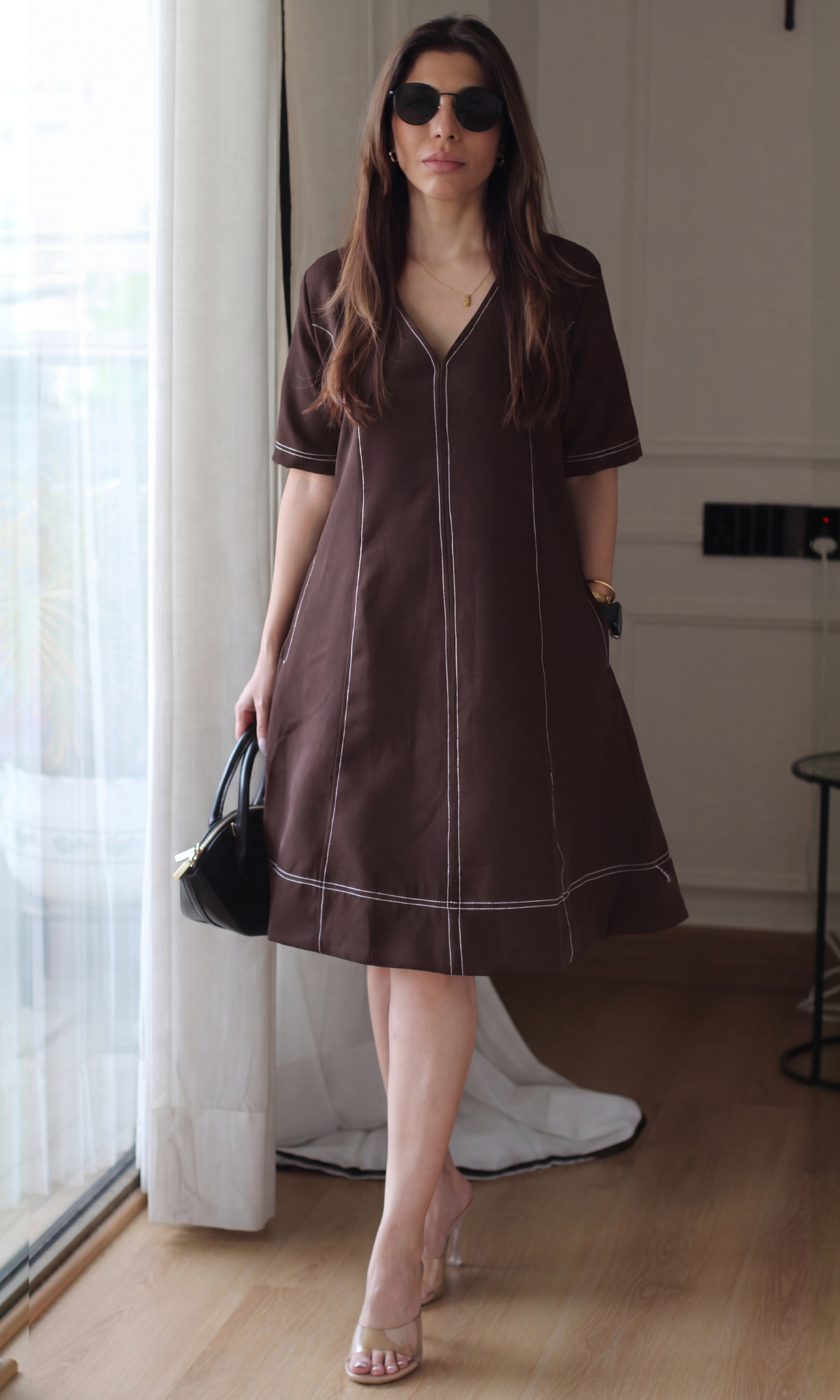 Dark Brown Contrast Stitch Dress