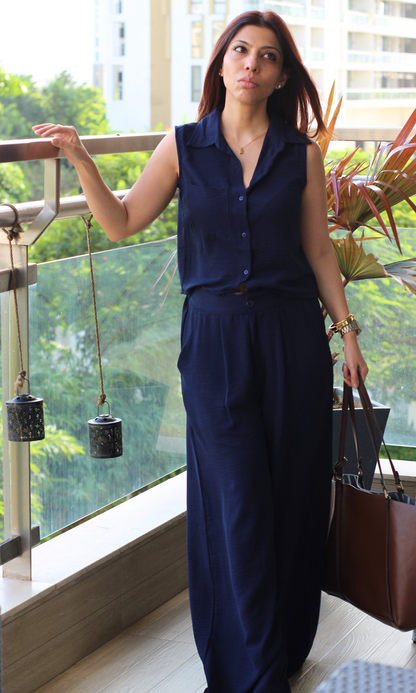 Midnight Sleeveless Cropped Shirt with Loose Pants Co-ord