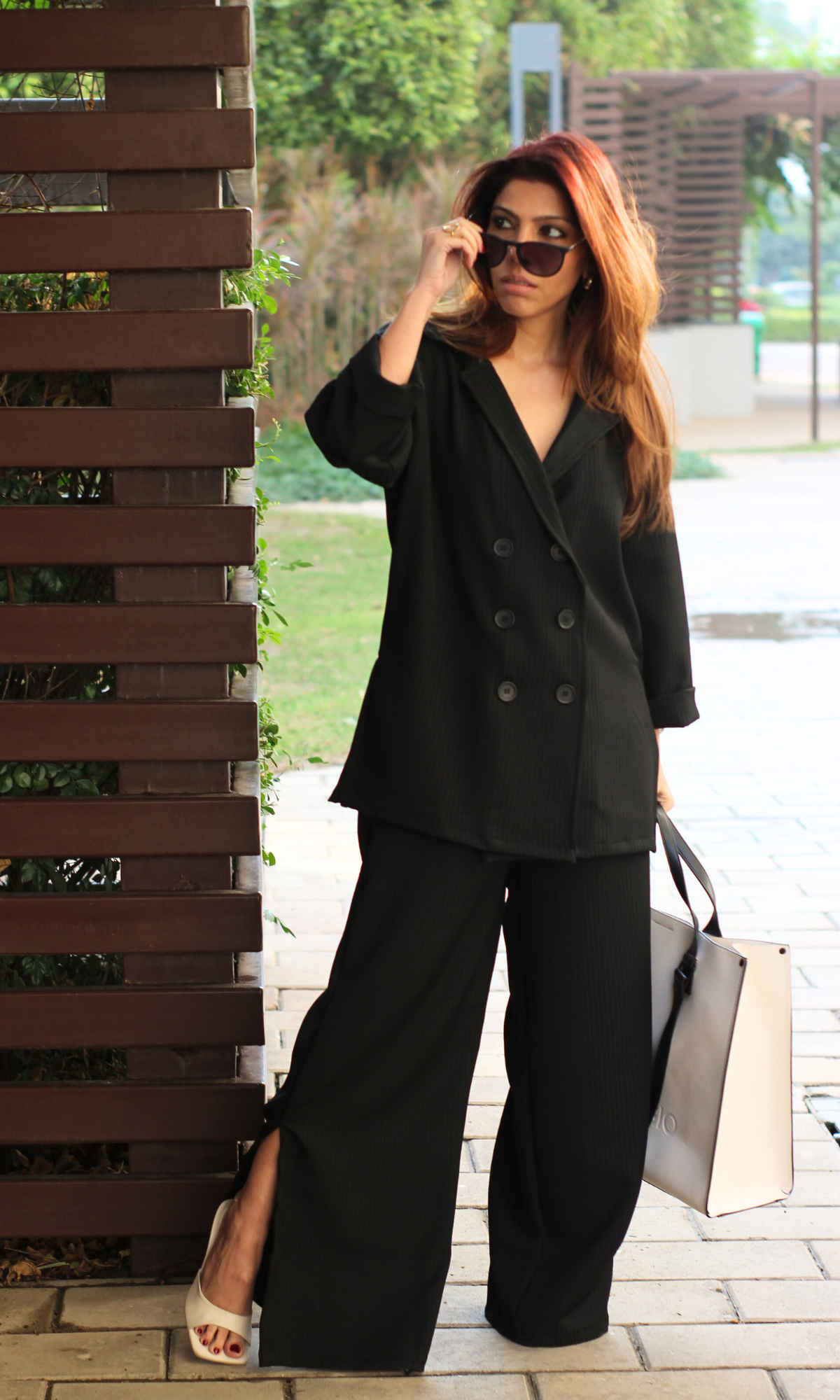 Black Striped Blazer Top with Slit Pants Co-ord