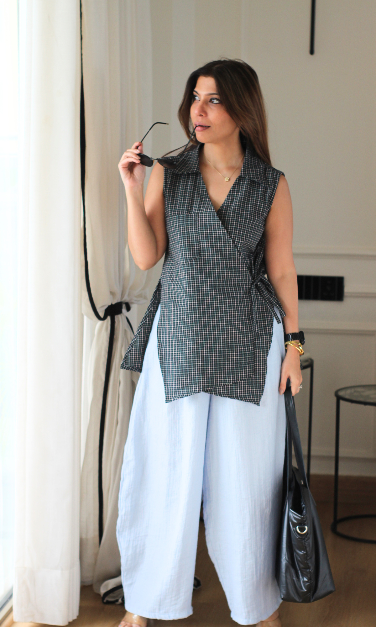 Black Check Sleeveless Kimono Top