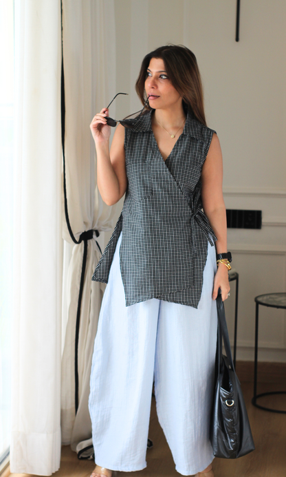 Black Check Sleeveless Kimono Top