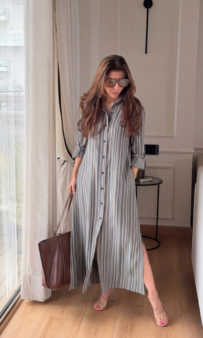 Coffee Stripe Shirt Dress
