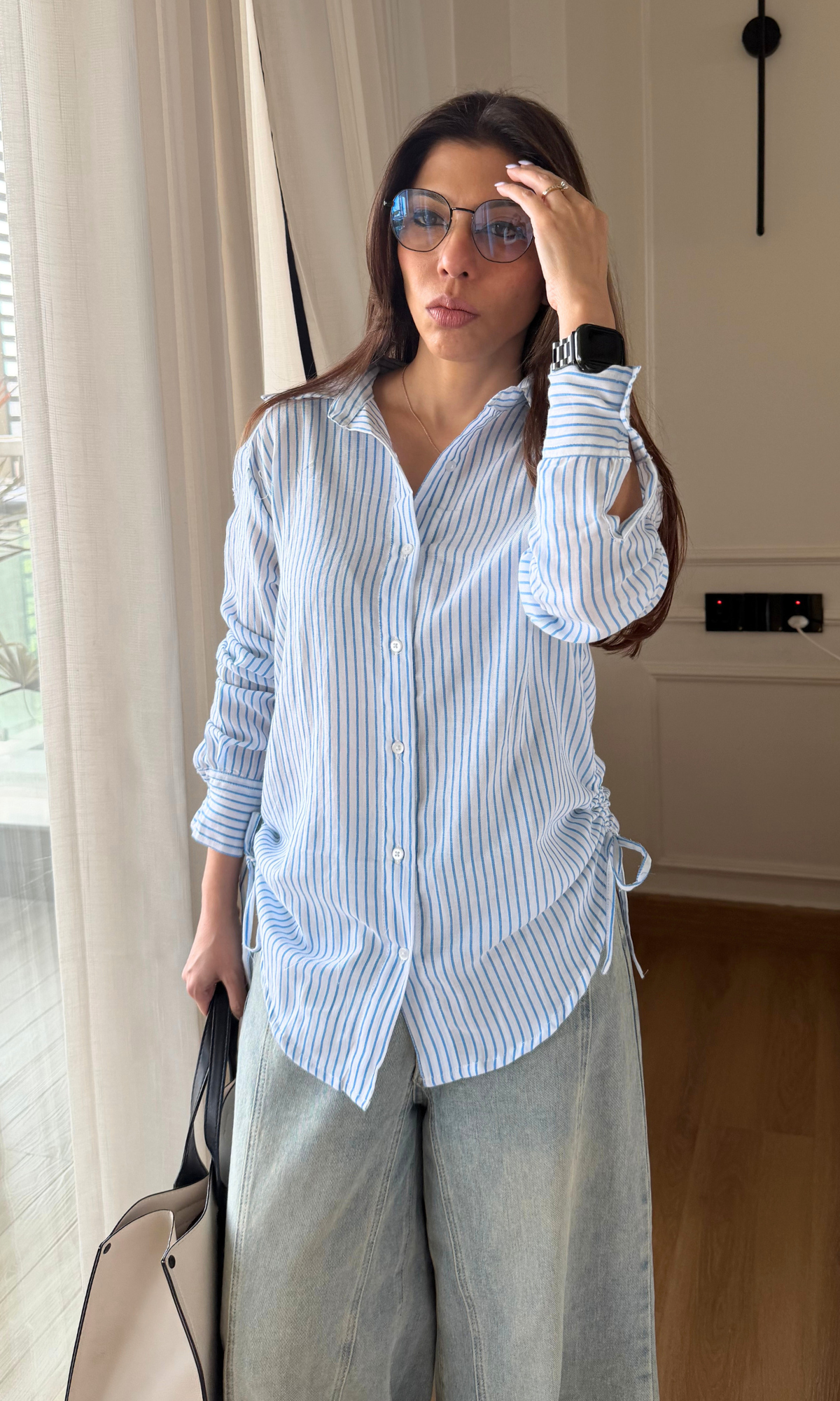 Sky Blue Stripes Drawstring Shirt