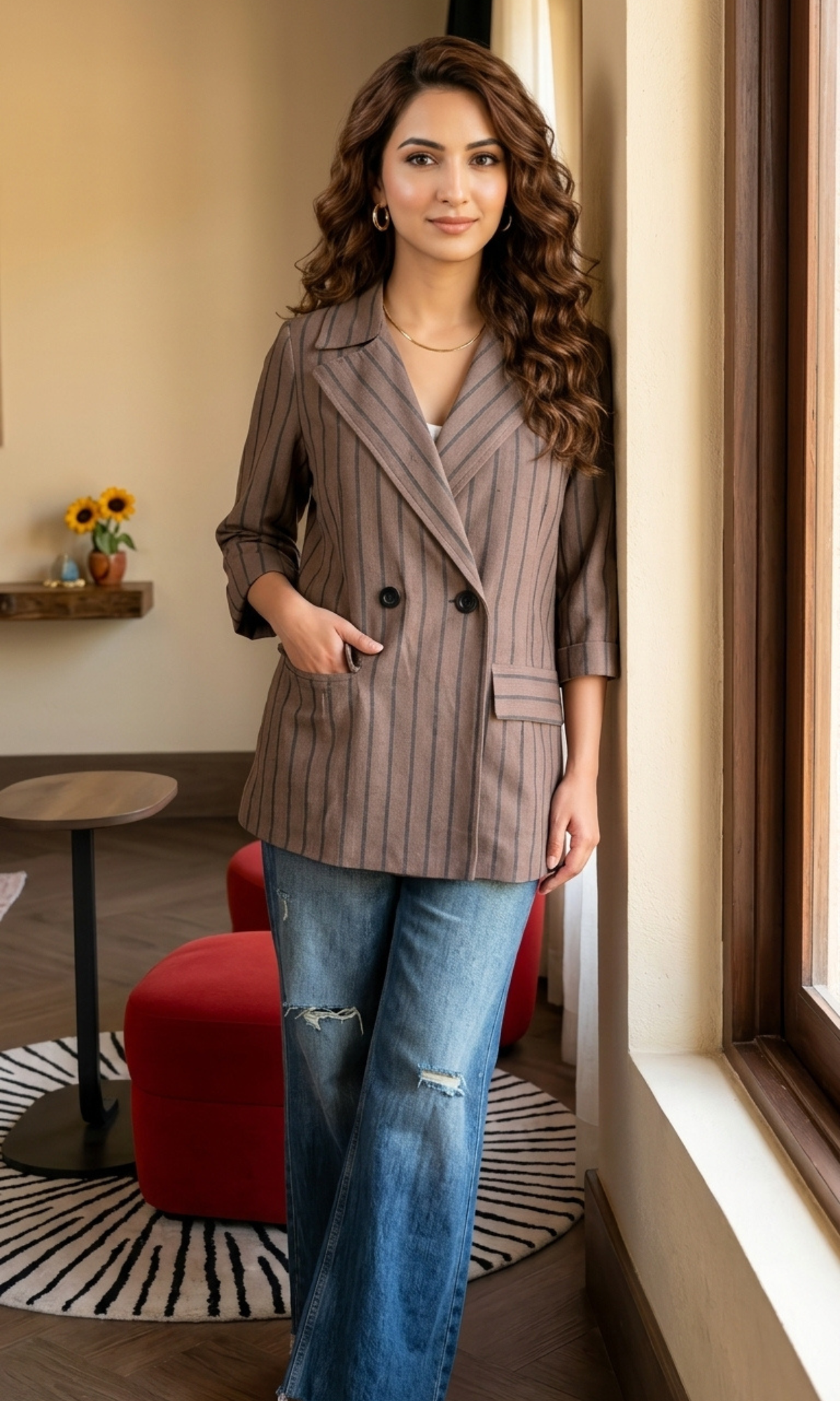 Mocha Striped Cotton Blazer