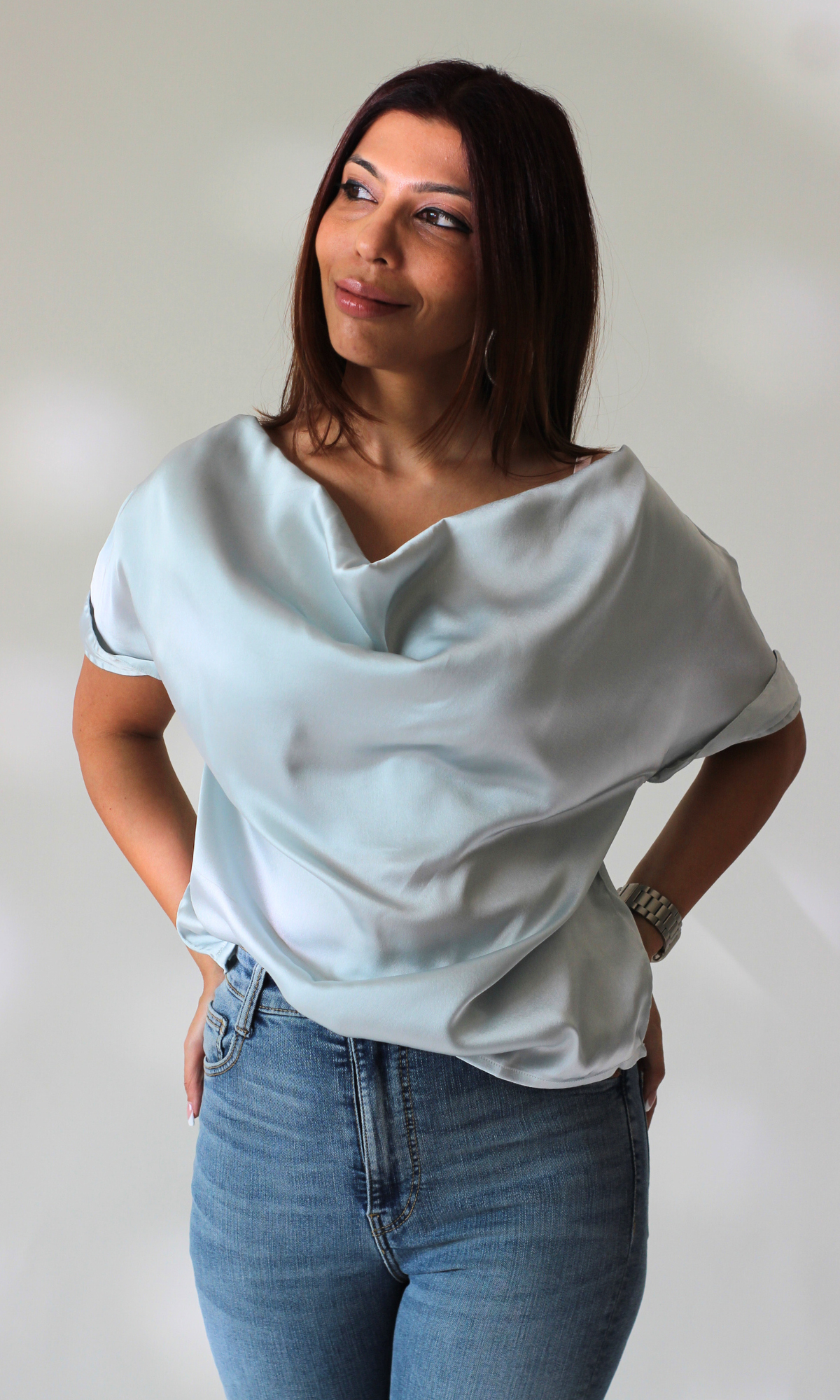 Pastel Blue Cowl Neck Top