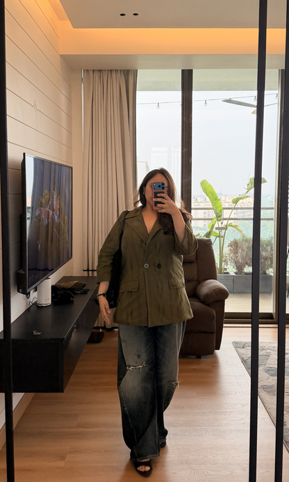 Olive Textured Stripe Double-Breasted Blazer