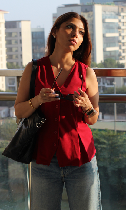 Maroon Buttoned Detail Waist Coat