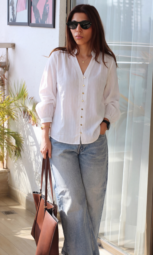 White Weaved Buttoned Top