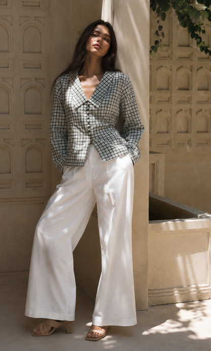 Green Gingham Oversized Collar Shirt