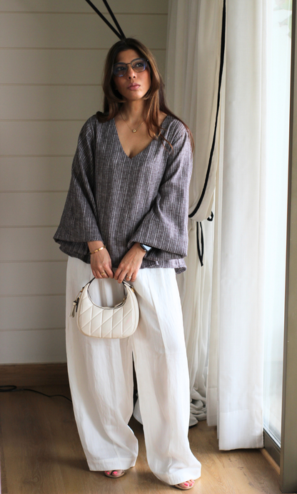 Taupe Textured V-Neck Peplum Top