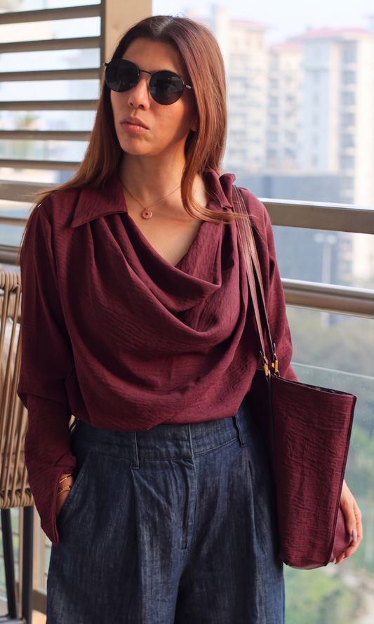 Rust Collared Cowl-Neck Top