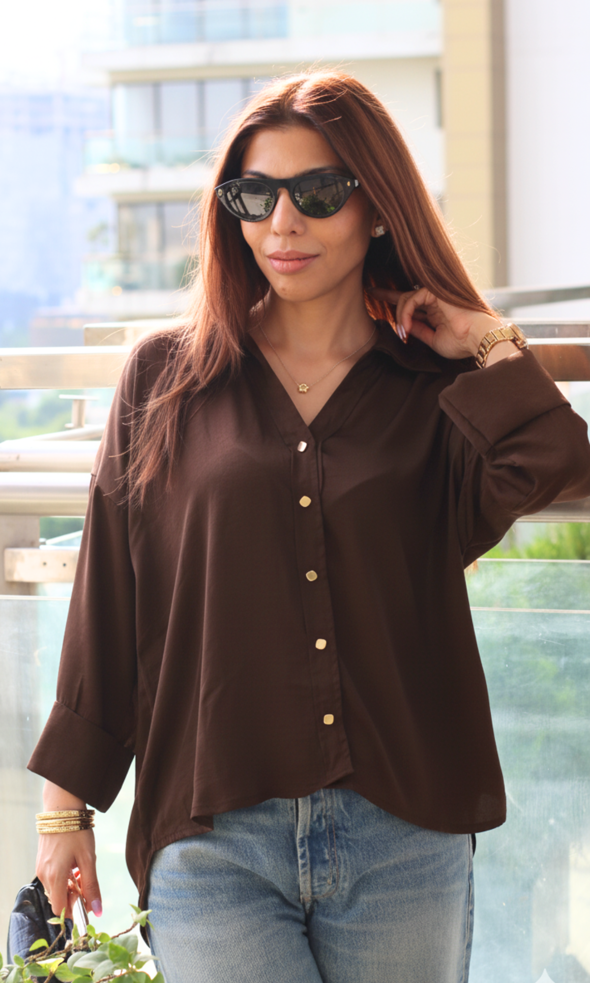 Brown Sleeved Metallic Buttoned Shirt