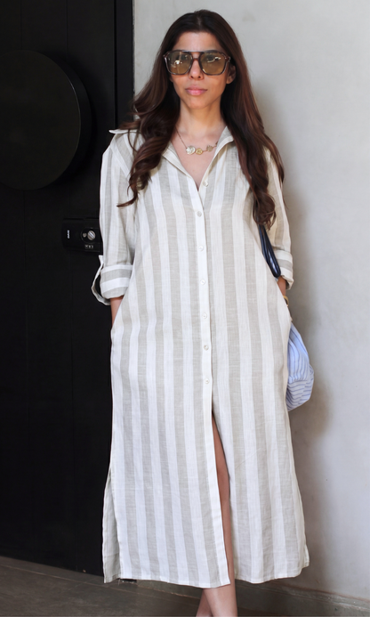 Ivory Greige Stripe Shirt Dress