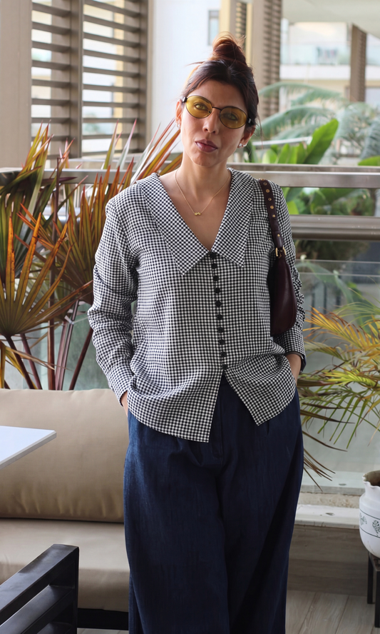 Gingham Oversized Collar Blouse