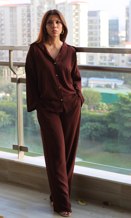 Chocolate Metallic Buttoned Shirt and Pants Co-ord