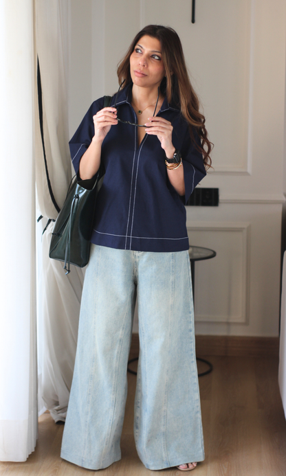 Cobalt Contrast Stitch Boxy V-Neck Top