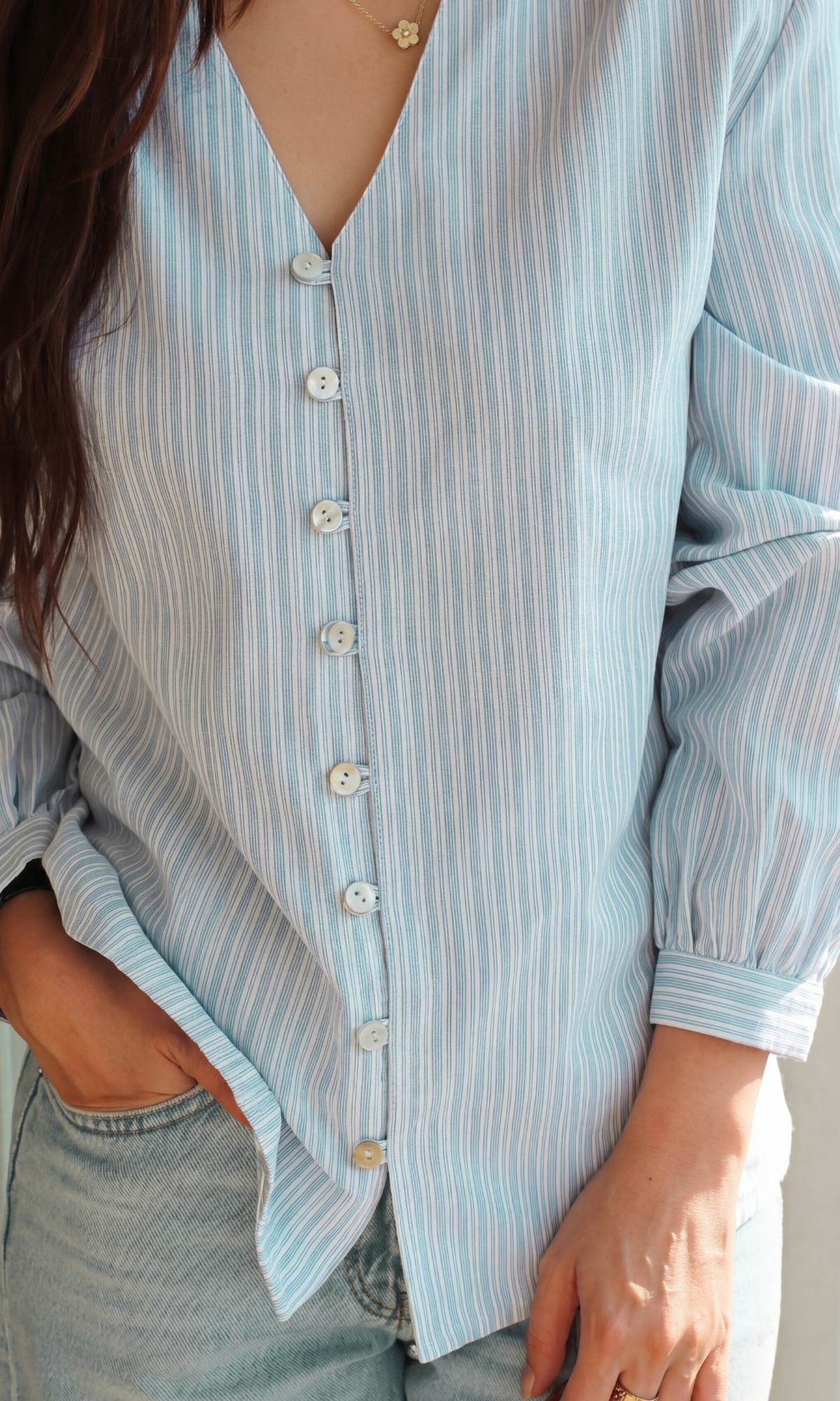 Frosted Blue Linear Buttoned Top