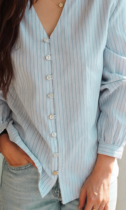 Frosted Blue Linear Buttoned Top
