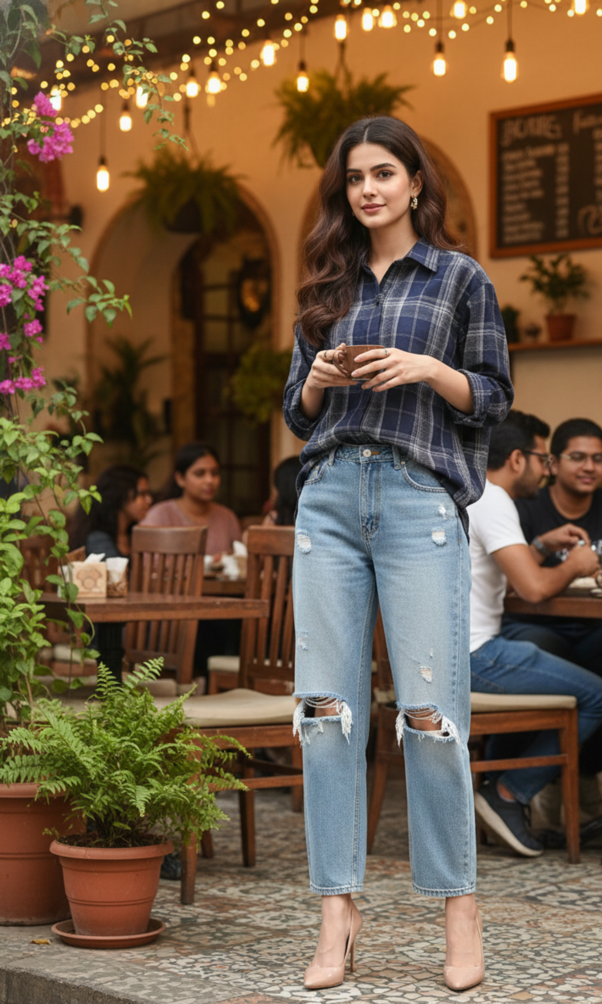 Relaxed drop-shoulder navy plaid shirt with classic collar and button-down front — cozy and stylish for the autumn season.