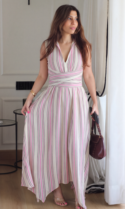 Candy Stripe Wrap Handkerchief Hem Midi Dress