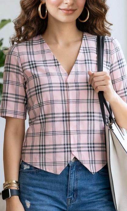 Rose Check-line Sleeved Waist Coat