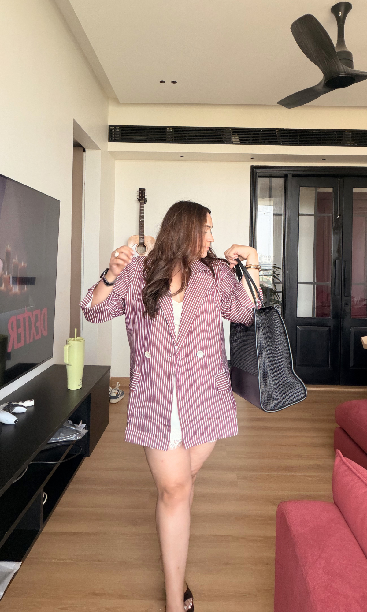 Wine Pinstripe Double-Breasted Blazer