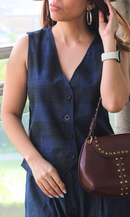 Blue Noir Checked Cotton Waistcoat