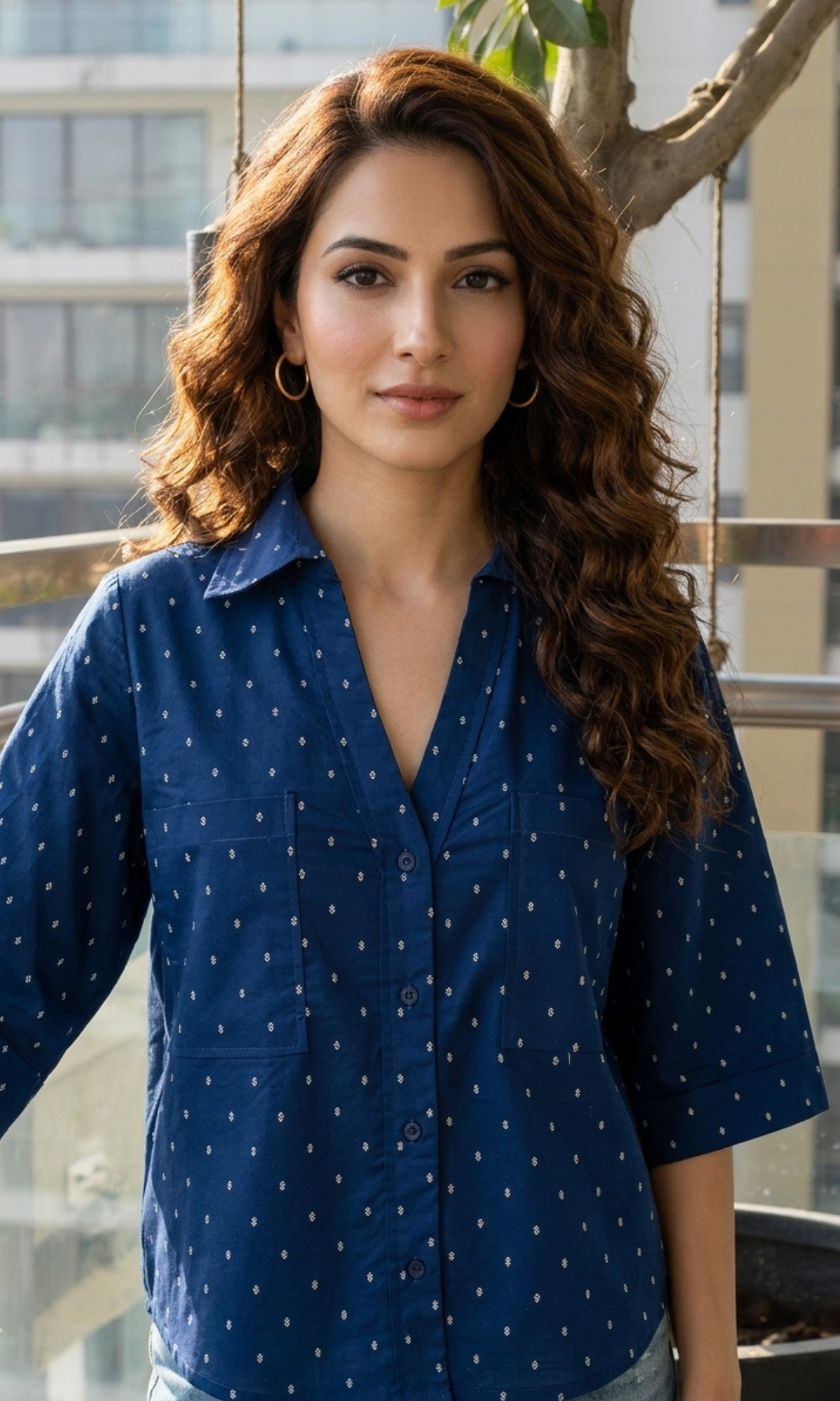 Indigo Dobby Cotton Cropped Shirt