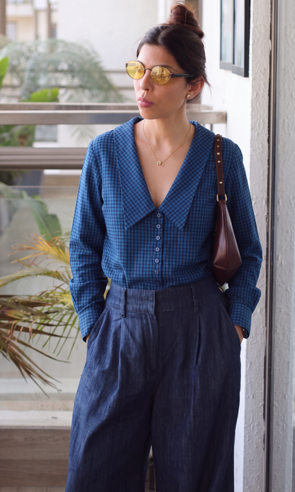 Cobalt Blue Check Oversized Collar Shirt