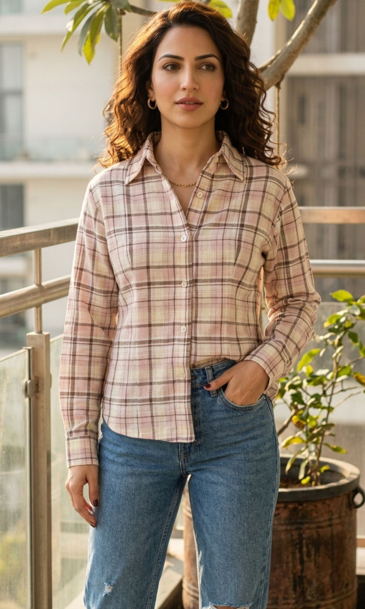 Pink Check Peplum Shirt