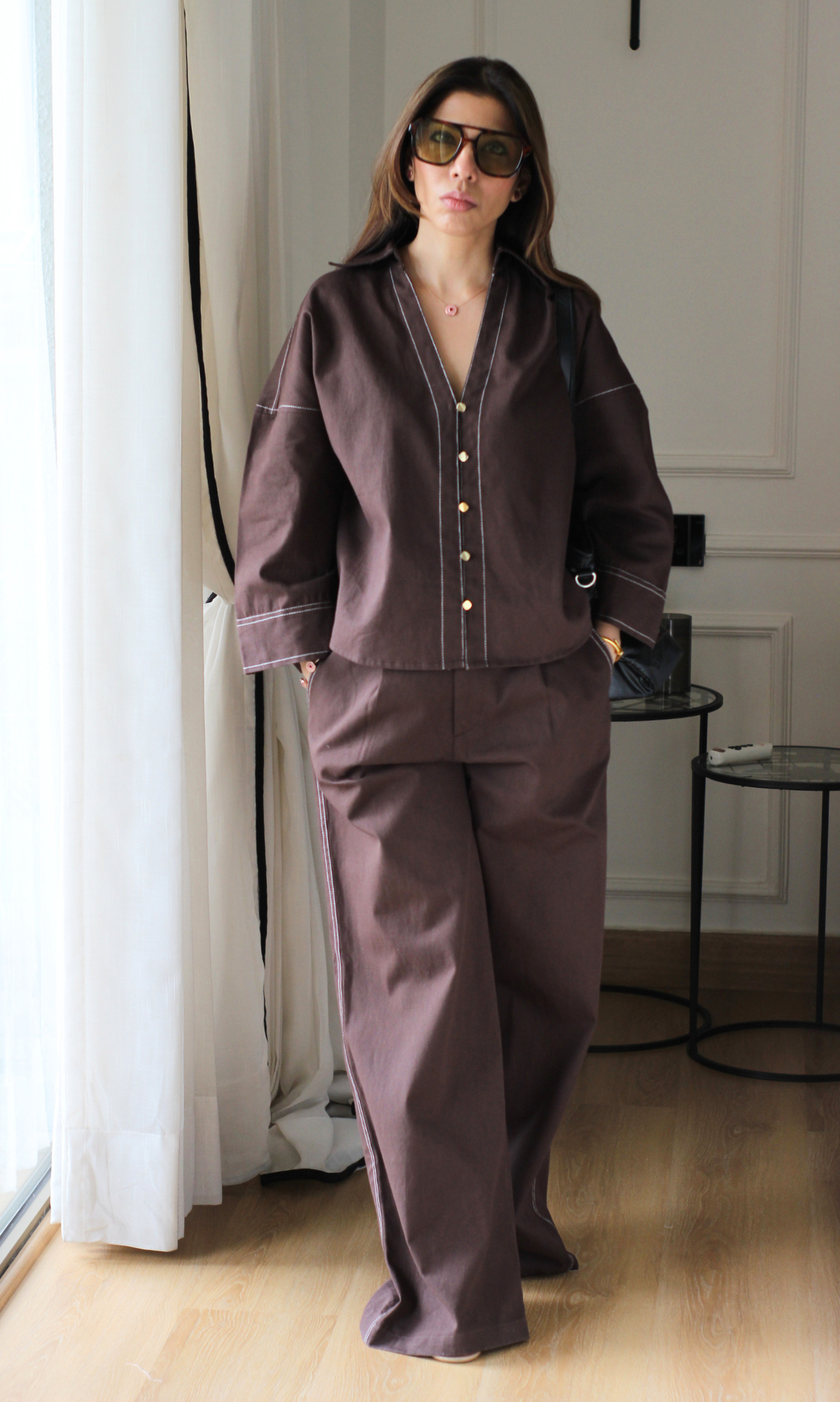 Dark Brown Button-Down Denim Co-ord