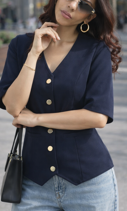 Deep Blue Sleeved Metallic Buttoned Waist Coat