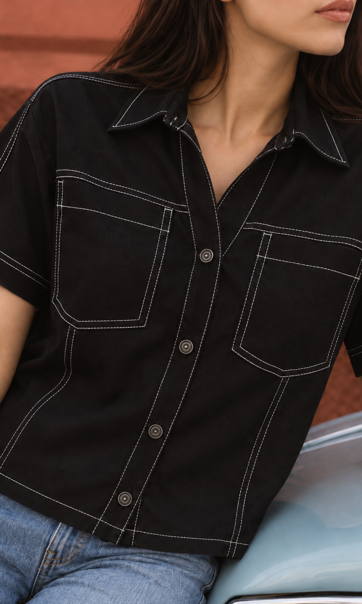 Black Contrast-Stitch Shirt