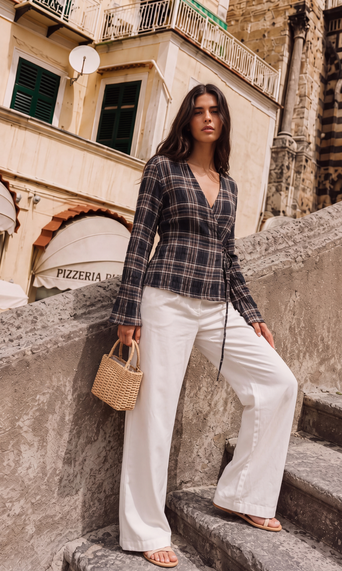 Brown Check Bell-Sleeve Kimono Top